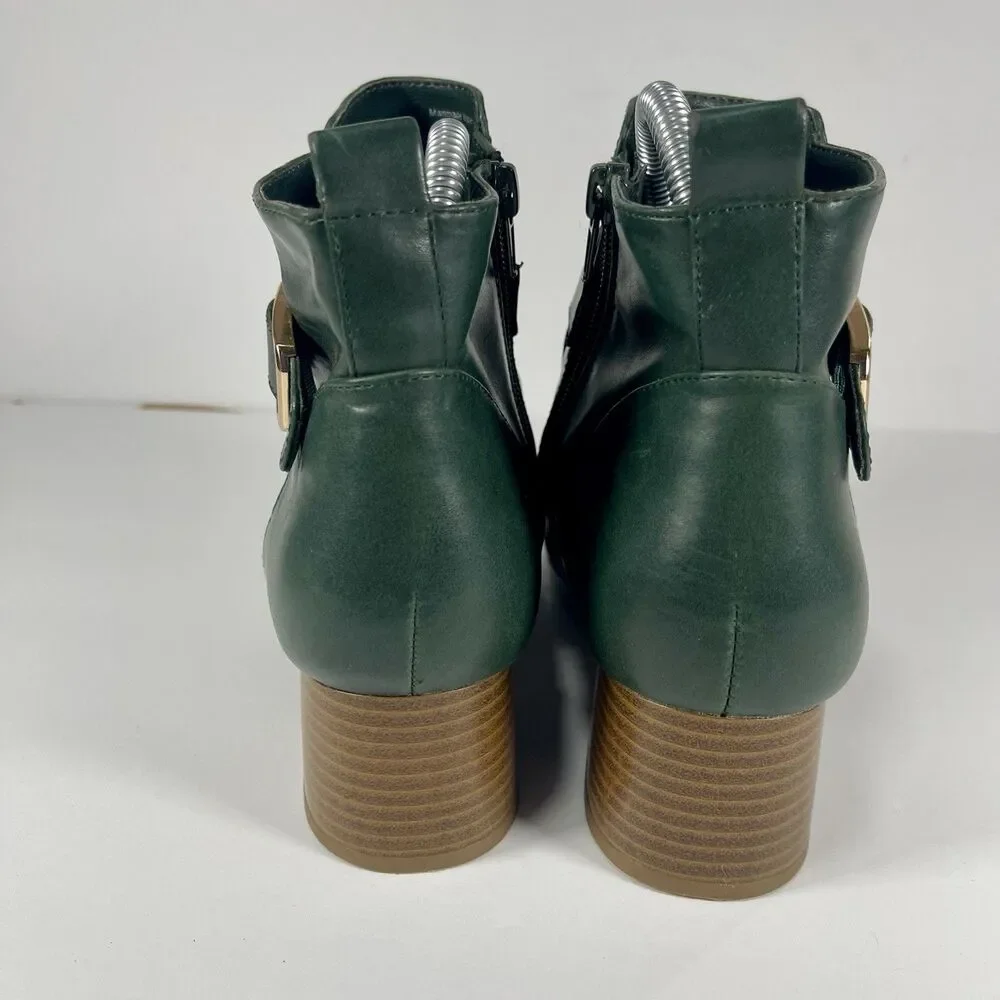 Charter Club Katiaa Green Ankle Boots Size 8.5M Gold Buckle Block Heel